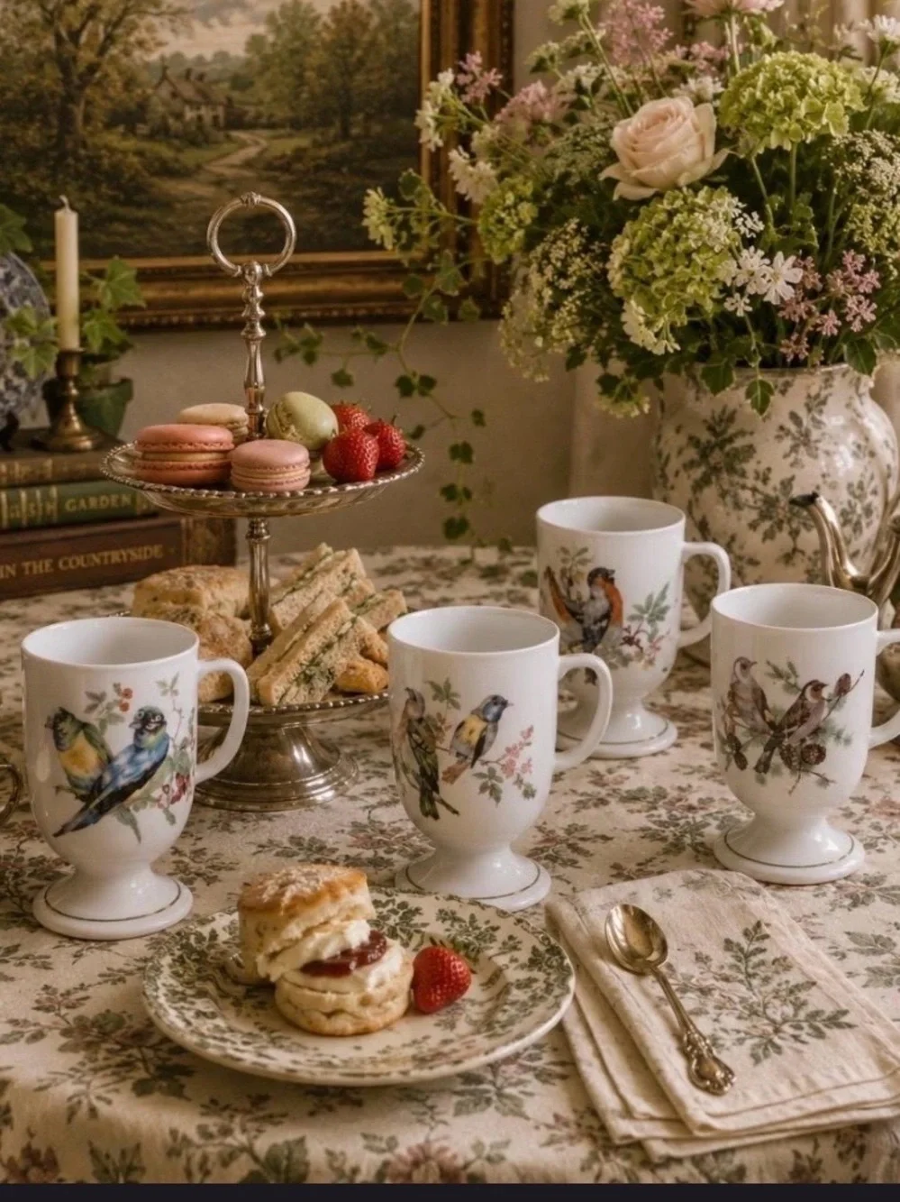 Unique Vintage White Porcelain Bird Footed Mugs with Multicolor Floral Accents